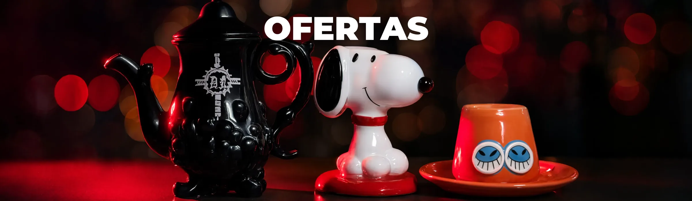Ofertas tienda geek con figuras coleccionables Snoopy, decoración pop y artículos de cultura geek en promoción
