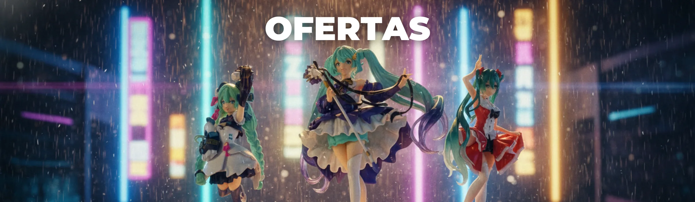 Ofertas en figuras y merchandising anime con personajes Miku en ciudad neón, tienda geek pop cultura