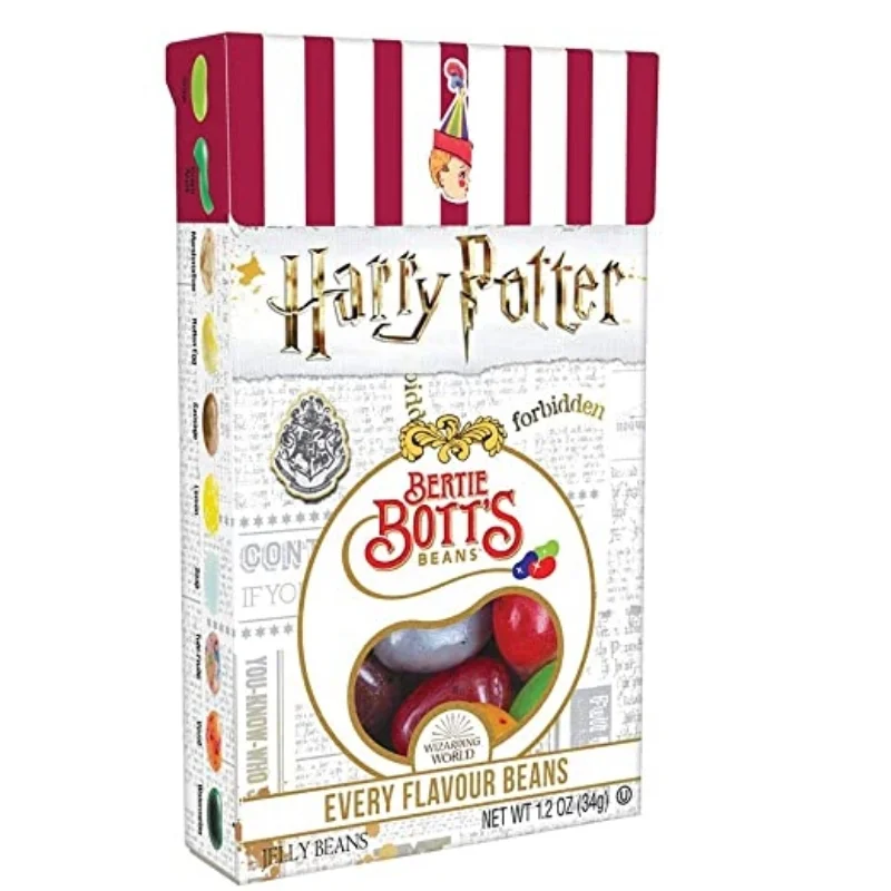 Grageas Bertie Botts sabor fantasía Harry Potter en caja púrpura con estrellas doradas