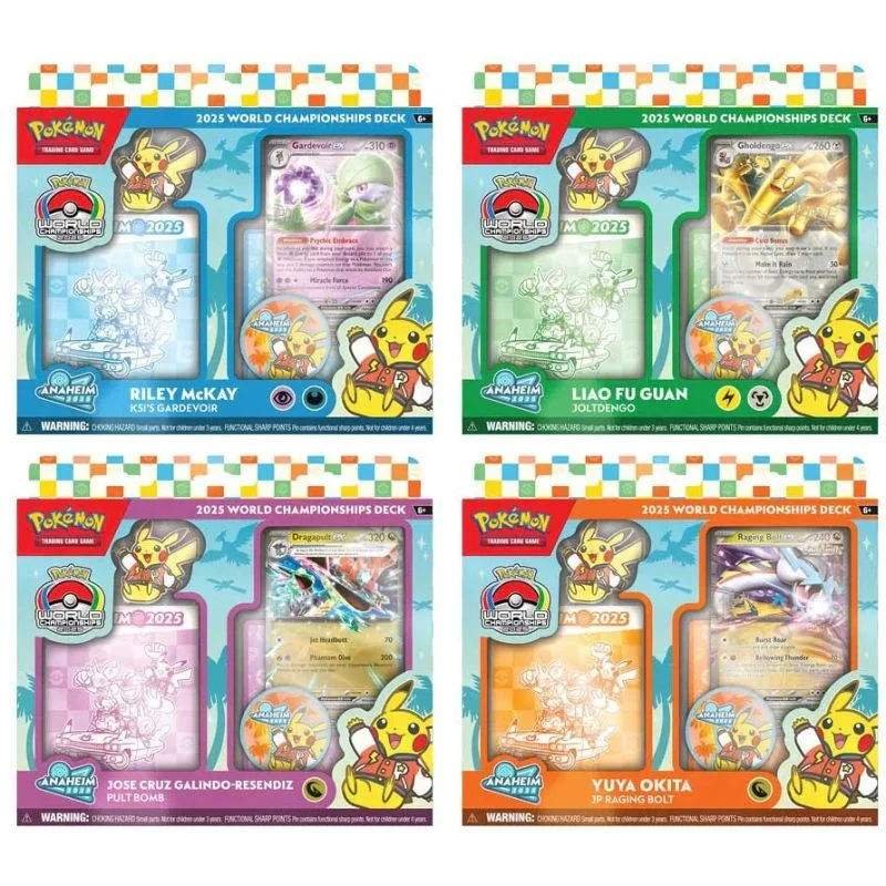 Cuatro mazos Pokémon World Championships 2025 con cartas de campeones