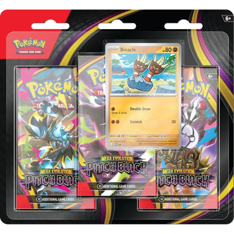 Set 3 sobres Mega Evolution Pitch Black Pokémon TCG con carta Binacle