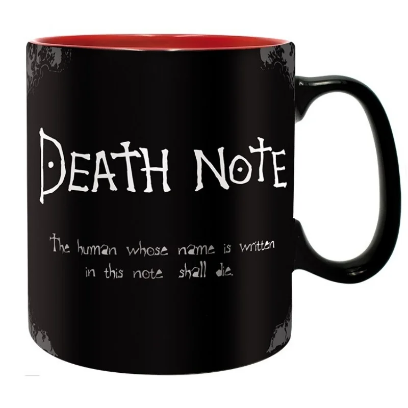 Taza negra Death Note con texto del cuaderno de la muerte