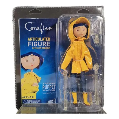 Figura articulada de Coraline con impermeable amarillo — Coraline y la Puerta Secreta