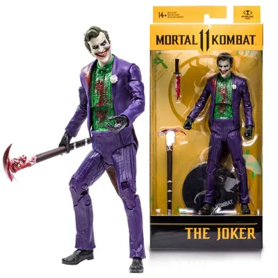 Figura articulada The Joker Mortal Kombat 11 con accesorios y traje púrpura