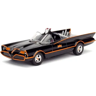 Vehículo Batmobile clásico negro con franja naranja y figura Batman