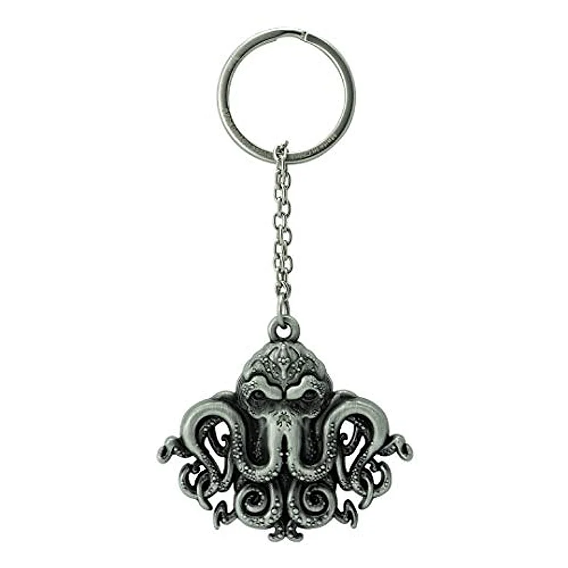 Llavero Cthulhu metálico plateado con tentáculos y cadena