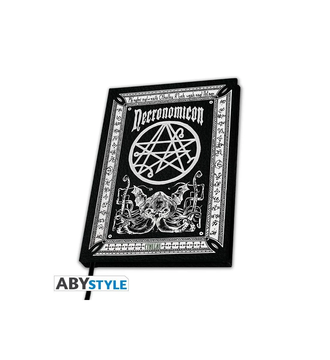 Cuaderno Necronomicón negro con pentagrama y símbolos oscuros