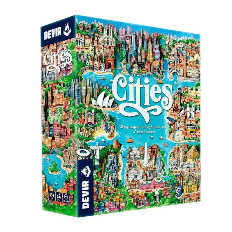 Juego de Mesa Cities Devir con ilustración de ciudades iconicas