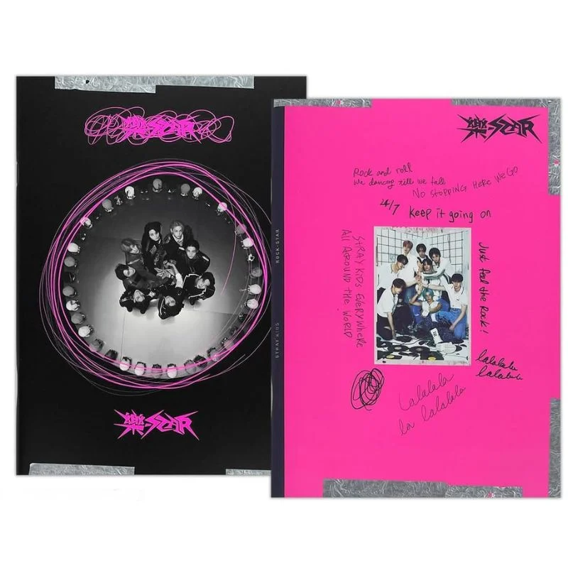 Álbum Stray Kids STAR con portada negra y circular, acompañado de reverso rosa con notas autografiadas