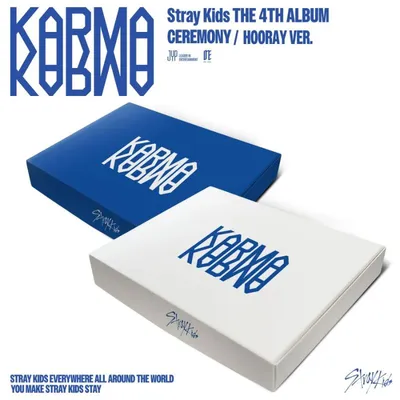 Álbum KARMA Stray Kids versión Ceremonia Hooray con portada azul y blanca