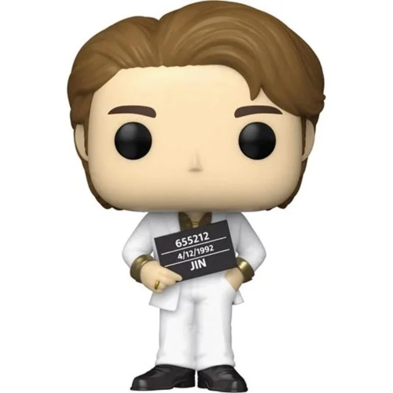 Funko Pop Jin BTS con traje blanco y cartela de prisión