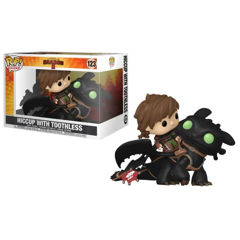 Funko Pop Hiccup montando a Toothless, dragón negro de Cómo Entrenar a tu Dragón
