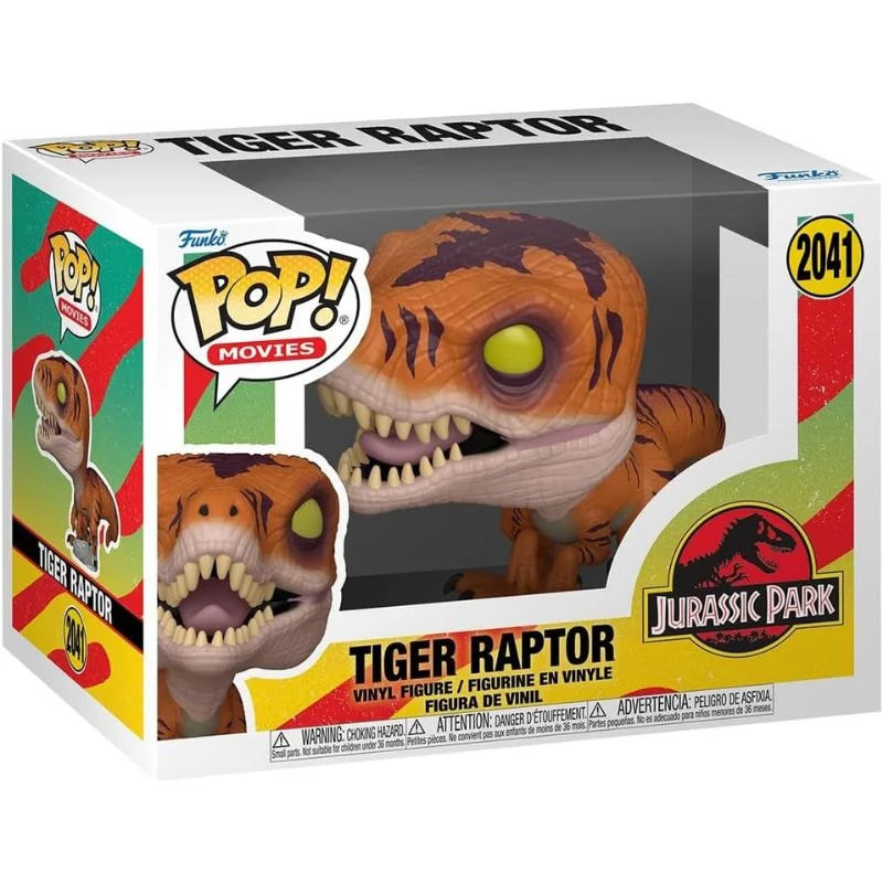 Funko Pop Tiger Raptor de Jurassic Park con ojos amarillos y mandíbulas abiertas