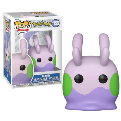 Funko Pop Goomy Pokémon rosa con detalles verdes y púrpura