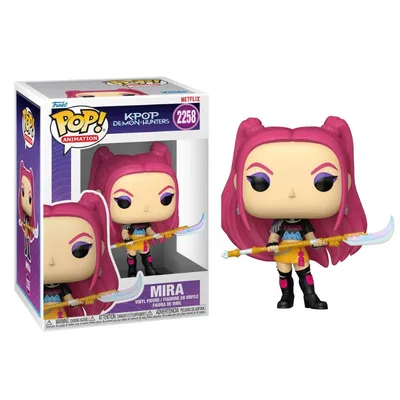 Figura Funko Pop Mira K-Pop Demon Hunters con cabello magenta y arma