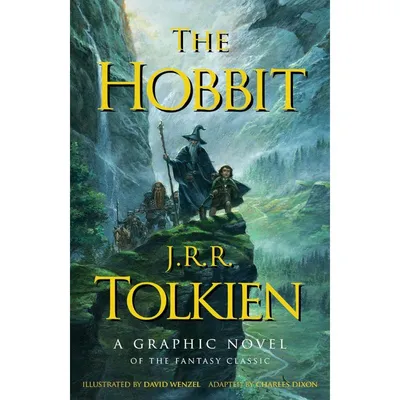 Portada de la novela gráfica El Hobbit con ilustración de Gandalf y Bilbo en la Tierra Media