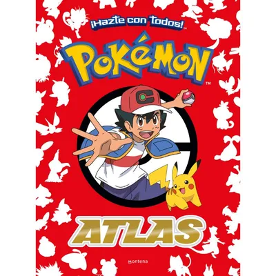 Portada del Atlas Pokémon con Ash y Pikachu en fondo rojo