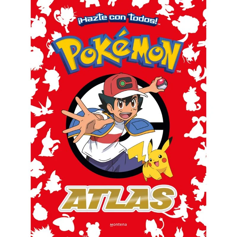 Portada del Atlas Pokémon con Ash y Pikachu en fondo rojo