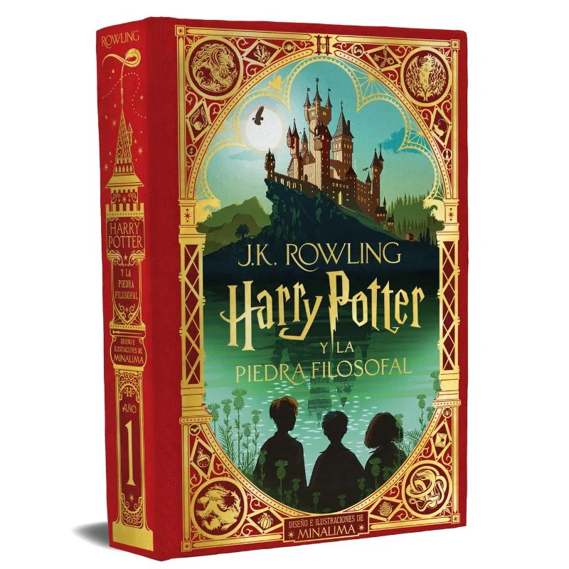 Libro Harry Potter Piedra Filosofal edición MinaLima rojo y dorado