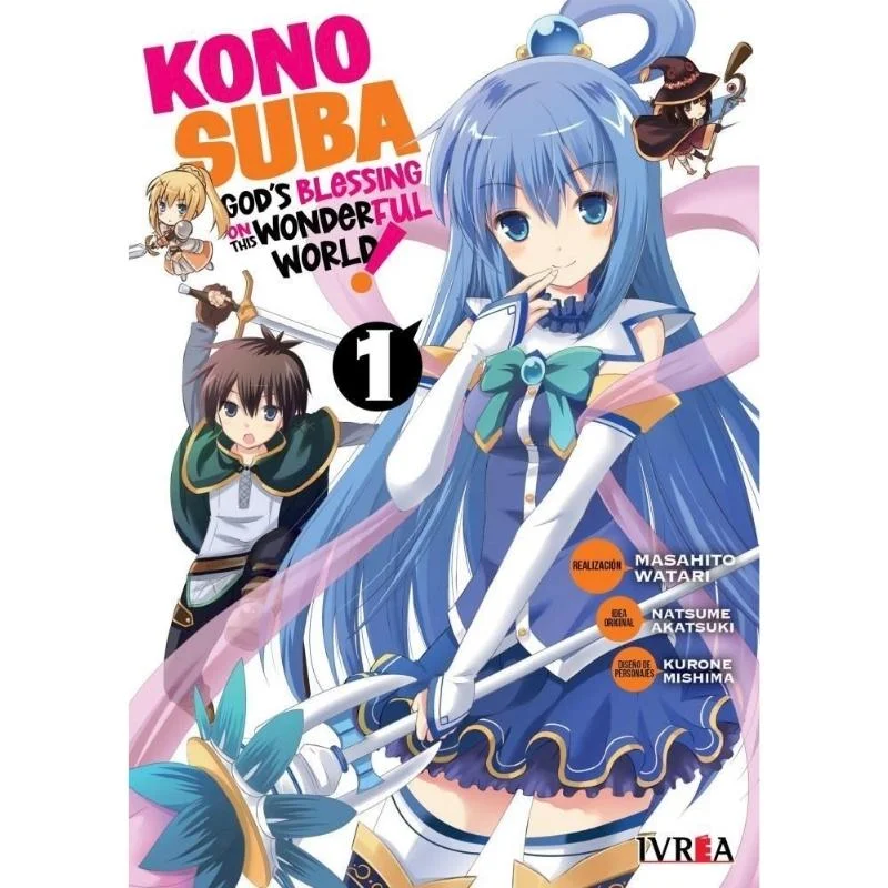 Manga Konosuba volumen 1 con personajes principales en portada