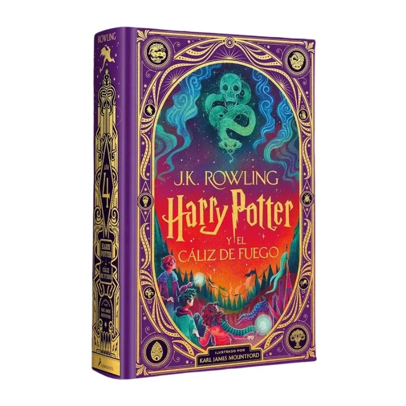 Libro Harry Potter y el Cáliz de Fuego edición ilustrada con portada púrpura y dorada