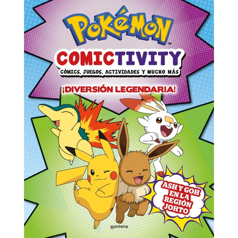 Portada Libro Pokémon Comictivity con Pikachu, Charizard y Eevee