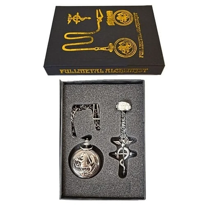 Set de collares y anillo Fullmetal Alchemist con reloj de bolsillo