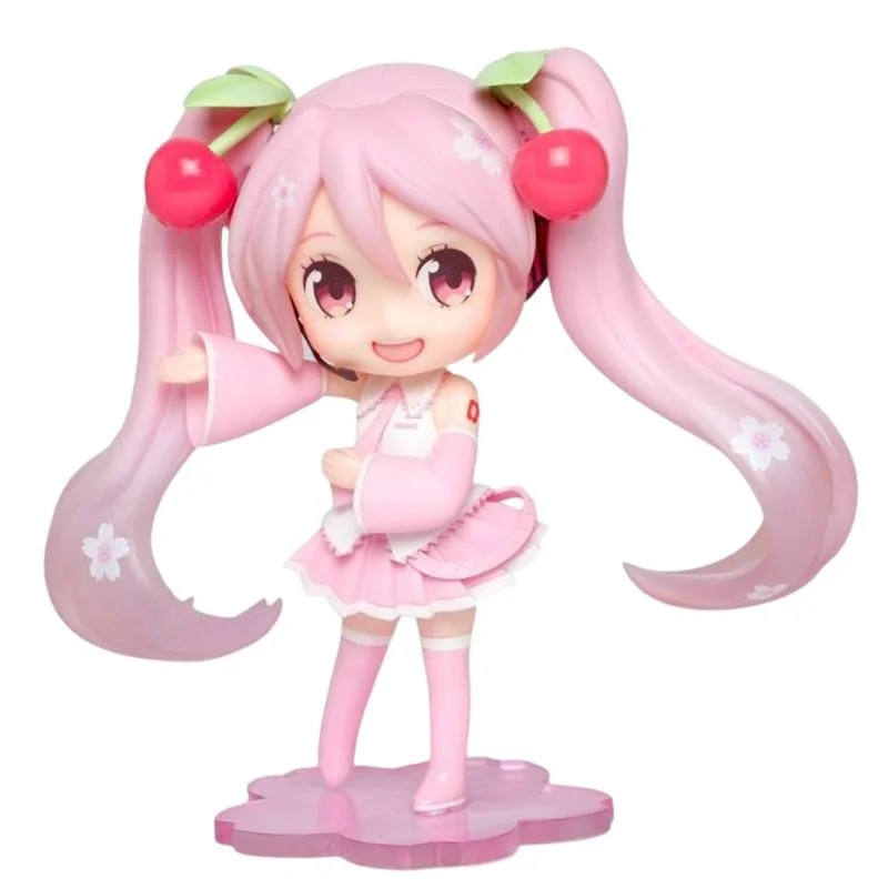 Figura Sakura Miku con cabello rosa, coletas con cerezas y traje floral