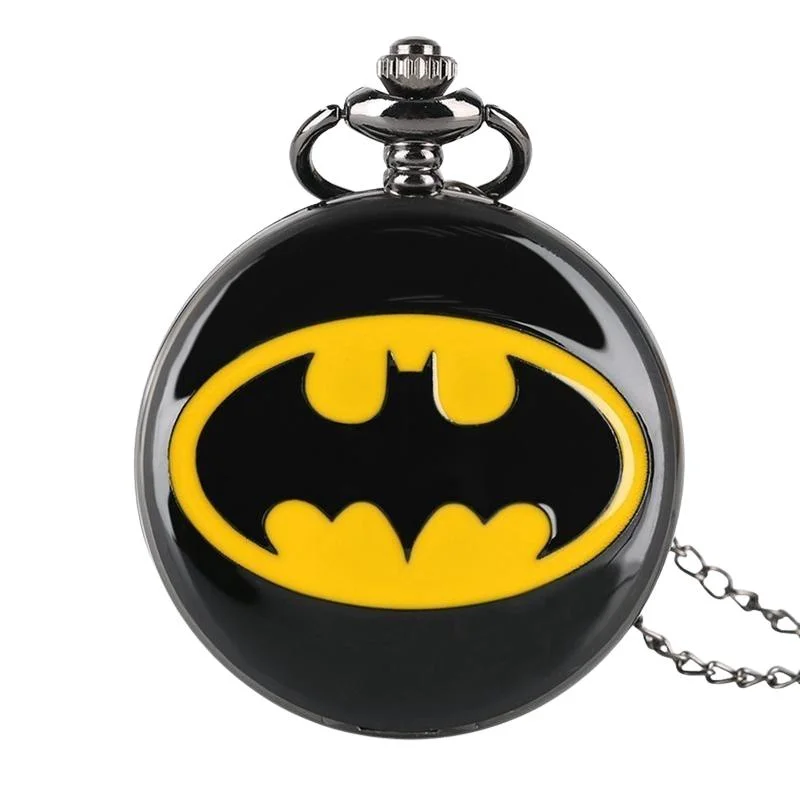 Reloj de bolsillo Batman con símbolo amarillo y cadena metálica