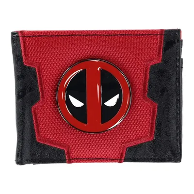Billetera Deadpool roja y negra con logo metálico de Marvel