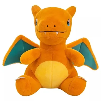 Peluche Charizard naranja con alas azules y vientre amarillo