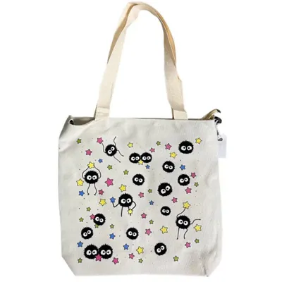 Totebag beige Studio Ghibli con estampado de hollín y estrellas