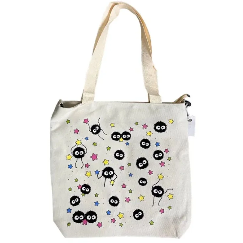 Totebag beige Studio Ghibli con estampado de hollín y estrellas