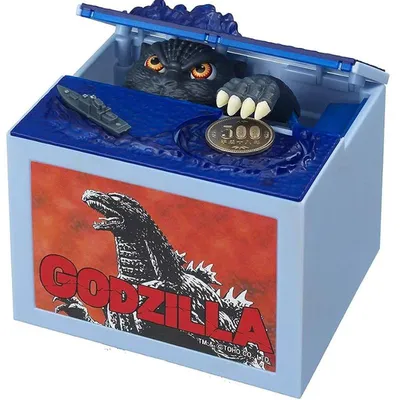 Alcancía tragamonedas de Godzilla con ojos luminosos y detalles en relieve
