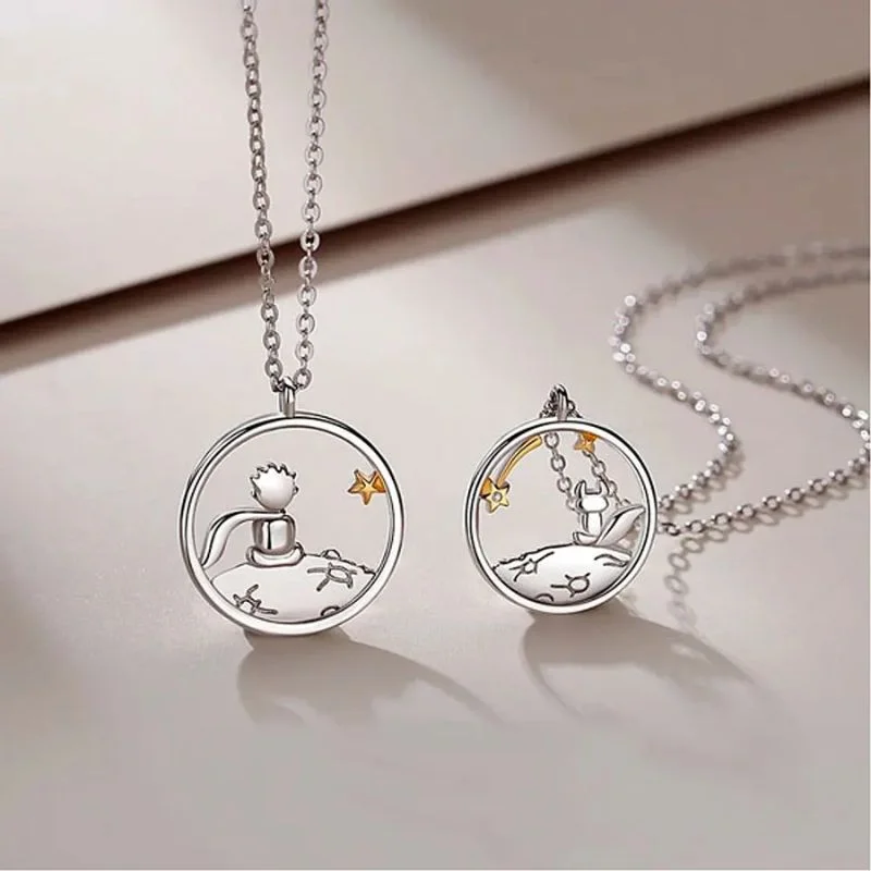 Set de dos collares El Principito y Zorro en plata con cadenas