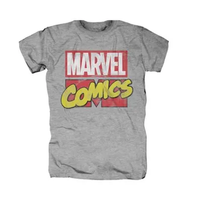 Camiseta gris con logo Marvel Comics en rojo y amarillo
