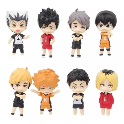Set de 8 figuras chibi de personajes de Haikyuu en uniformes de voleibol