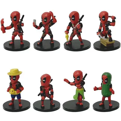 Ocho figuras Deadpool Marvel en diferentes poses y disfraces