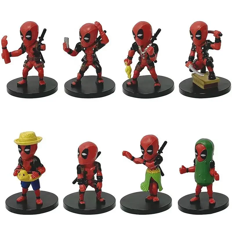 Ocho figuras Deadpool Marvel en diferentes poses y disfraces