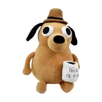 Peluche Perro This Is Fine con sombrero y taza