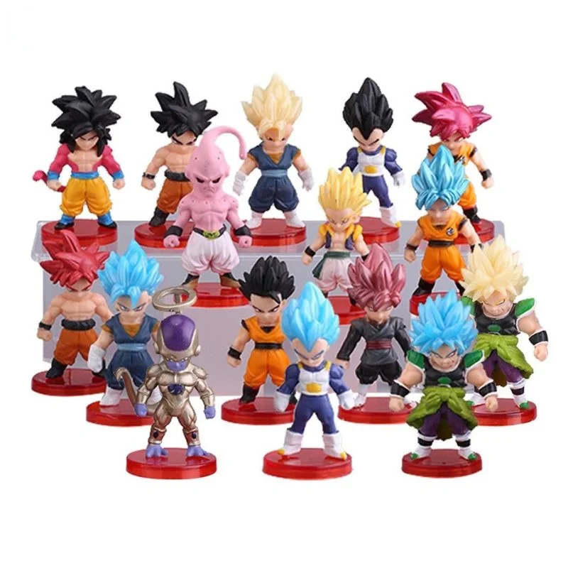 Figuras de Dragon Ball con personajes en diferentes transformaciones sobre bases rojas