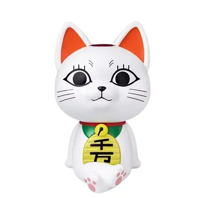 Alcancía gato de la fortuna blanco con orejas rojas y collar dorado