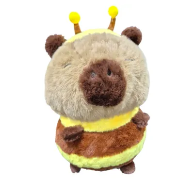 Peluche capibara disfrazado de abeja con antenas y rayas amarillas