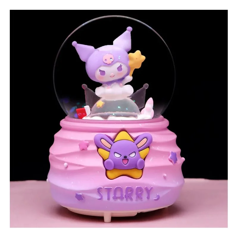 Bola de nieve Kuromi Sanrio con base rosa y globo transparente
