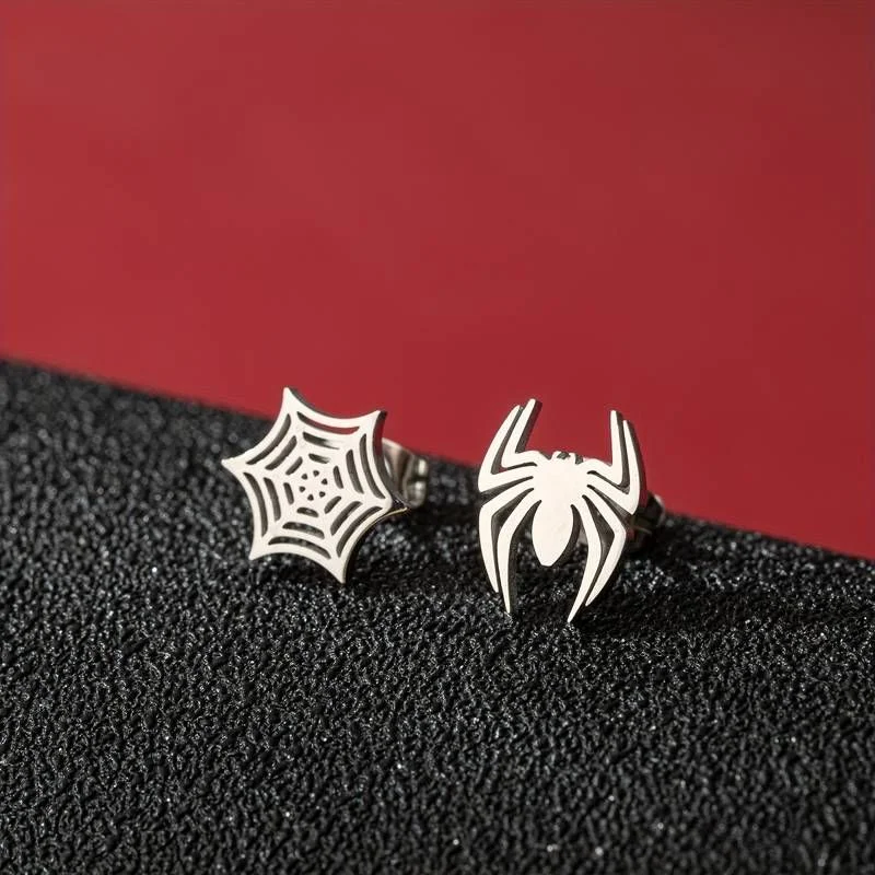Aretes Araña y Telaraña Spiderman en acero inoxidable plateado