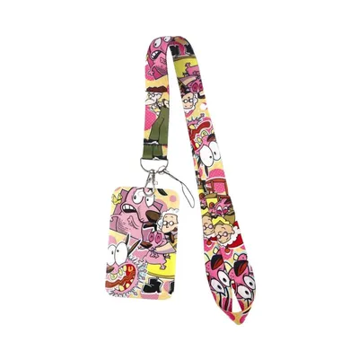 Lanyard Coraje el Perro Cobarde con personajes animados en colores rosa y amarillo