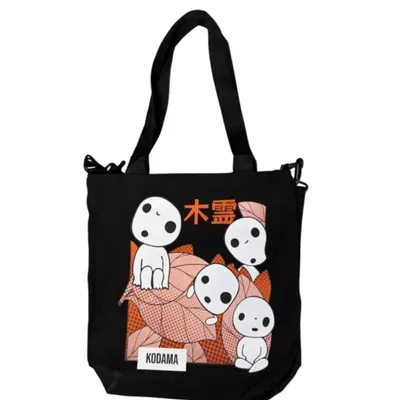 Totebag negro con Kodamas y hojas otoñales de La Princesa Mononoke Studio Ghibli