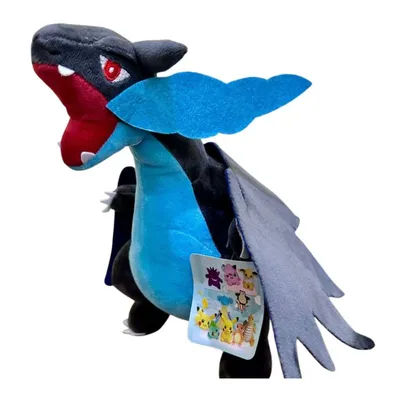 Peluche Mega Charizard X Pokémon azul y negro con alas