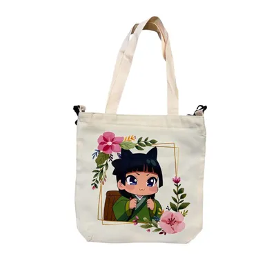 Bolso tote bag crema Los Diarios de la Boticaria con personaje anime y flores