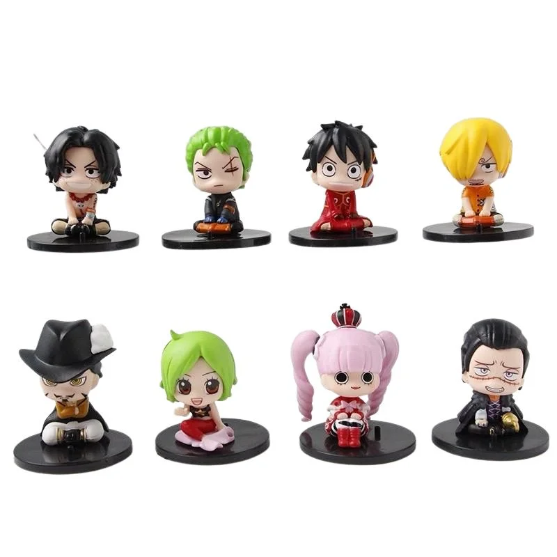 Set de 8 figuras chibi One Piece sentados con bases negras